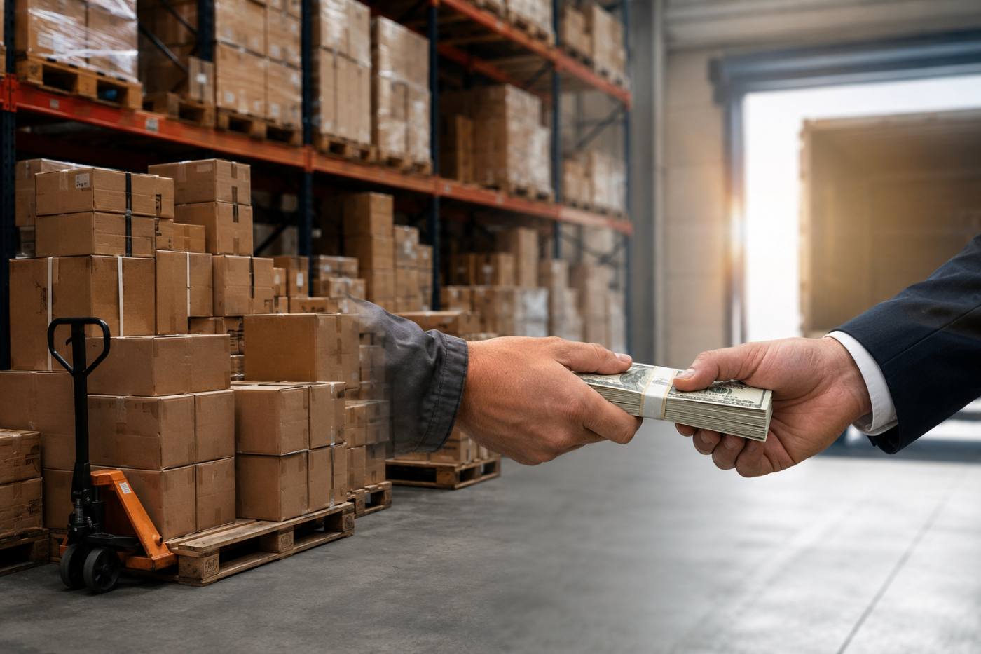 3D cartoon warehouse turning inventory into cash flow